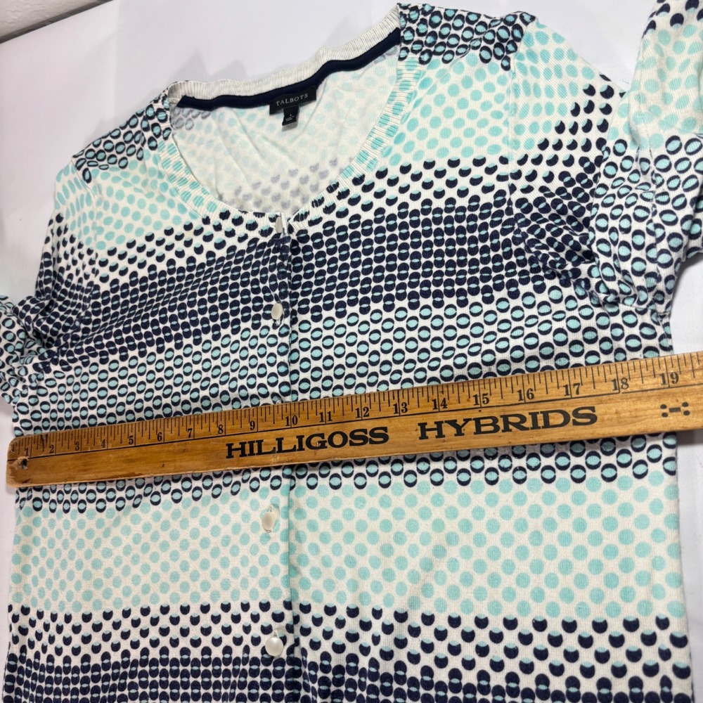 Talbots Women Cardigan Sweater Navy Teal Polka Dot Stripe Button Up Size Large - Picture 7 of 8